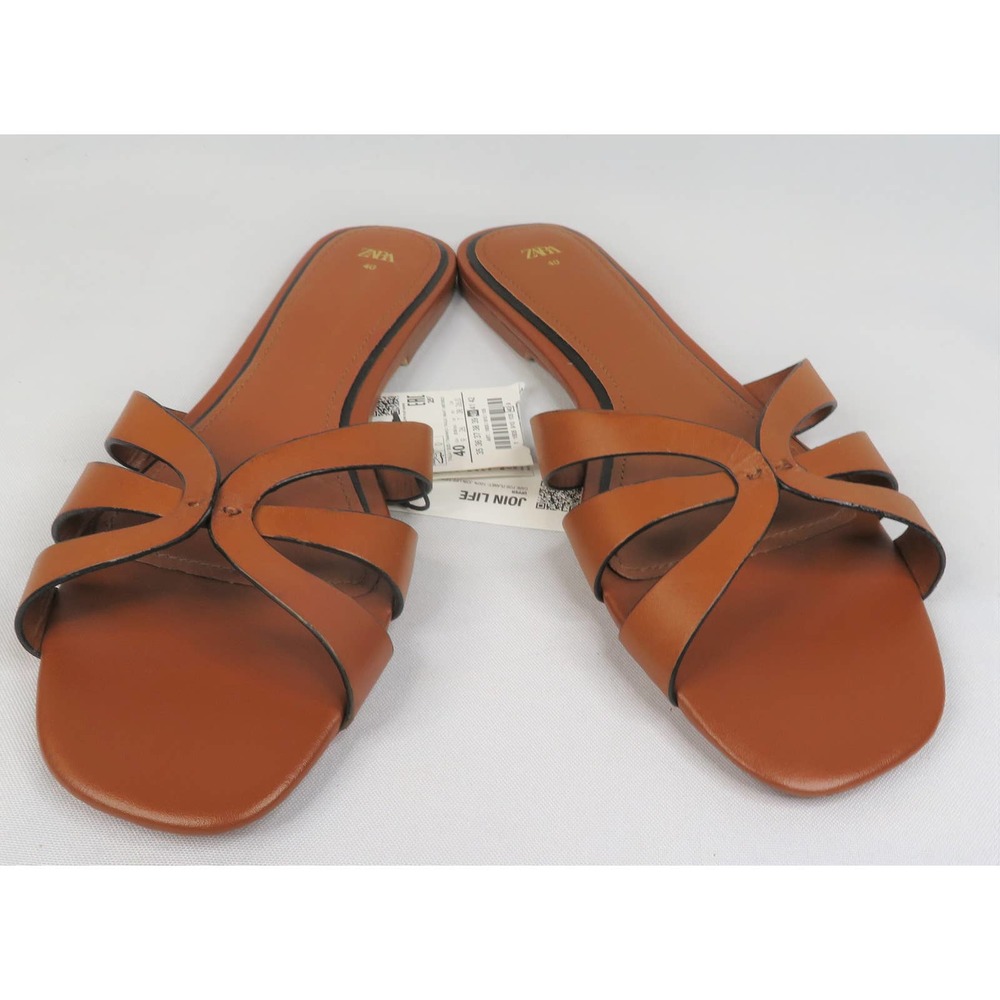 NWT Dark Tan ZARA Strappy Genuine Leather Flat Sandals Women's Sz 9 EU 40